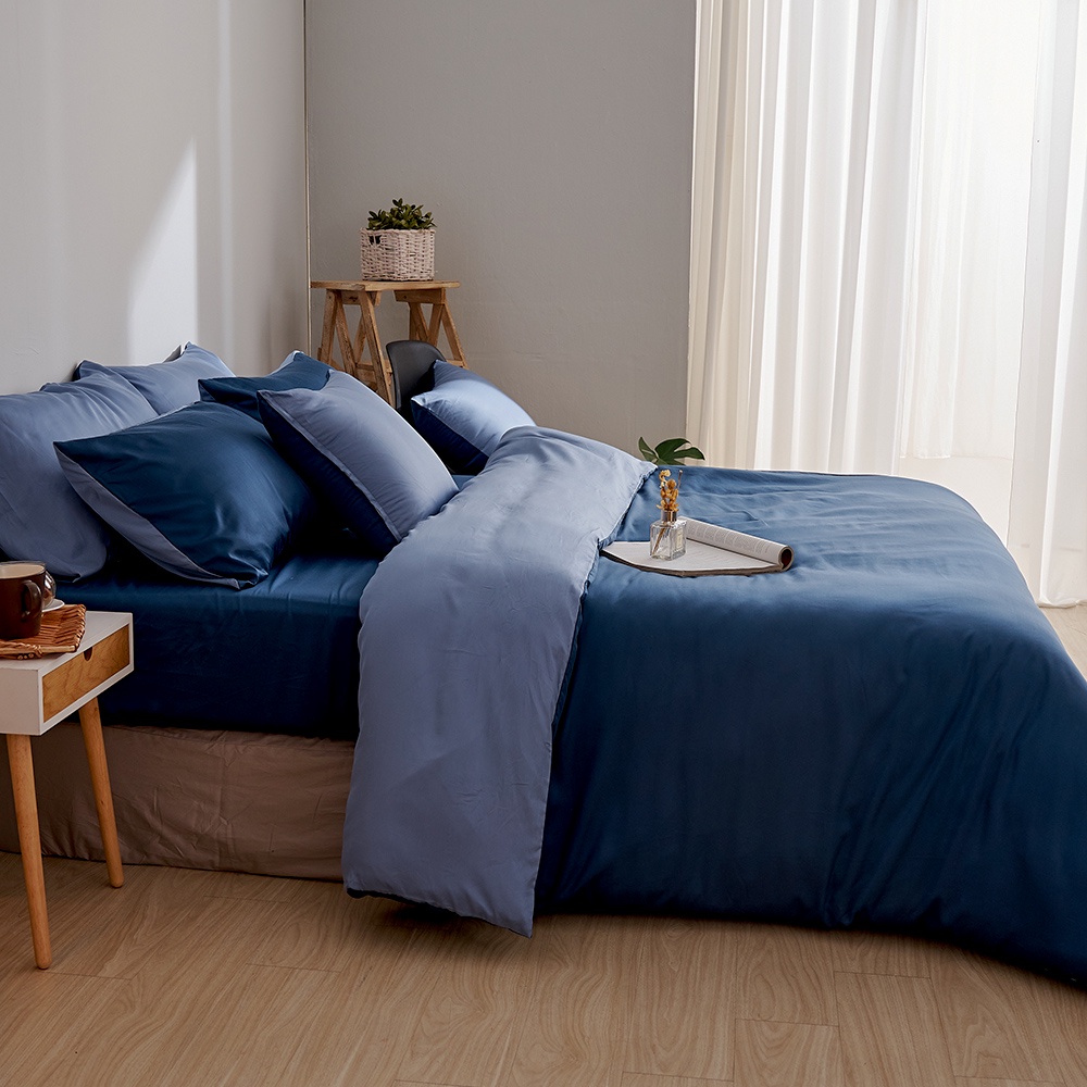 戀家小舖 台灣製床包 雙人床包 兩用被套 床單 銀河藍 100%天絲 床包兩用被套組 含枕套 60支天絲 素色