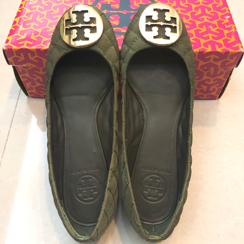 購自美國真品Tory Burch經典金色Logo軍綠菱格紋平底鞋/娃娃鞋