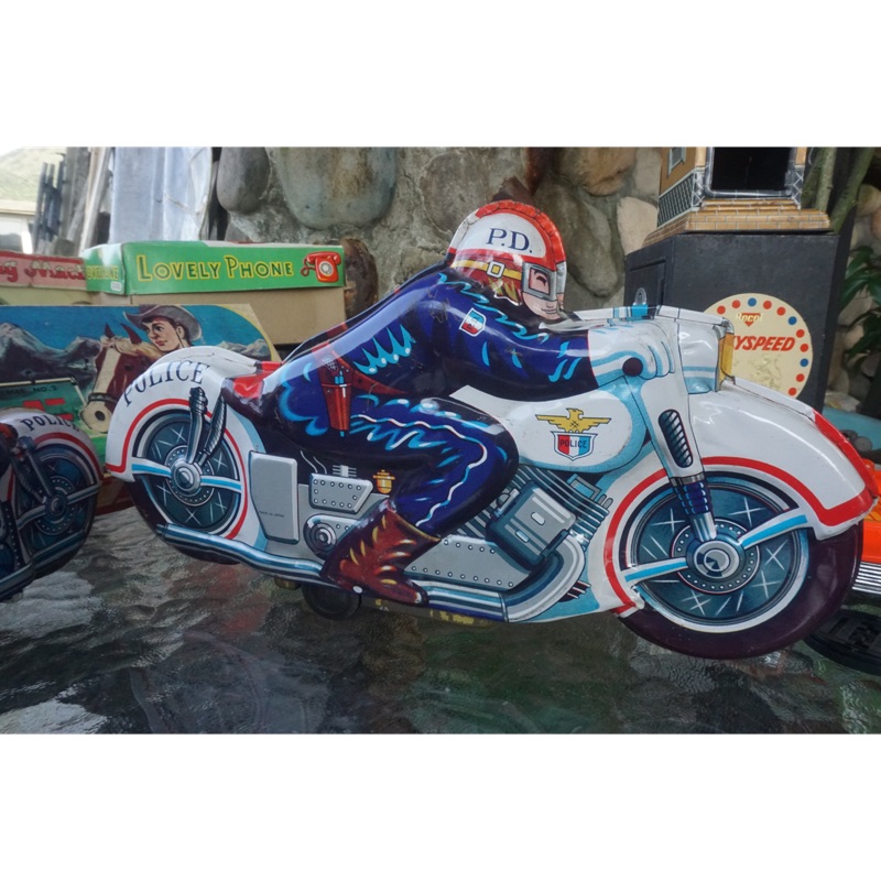 《收藏家釋出》大鐵皮警用摩托車 日本製造 Tin toy 馬口鐵 早期玩具 復古玩具 咖啡廳擺設 鐵皮玩具