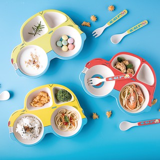 兒童餐具幼兒汽車形狀餐盤嬰兒小孩竹纖維特深湯匙和叉子禮物