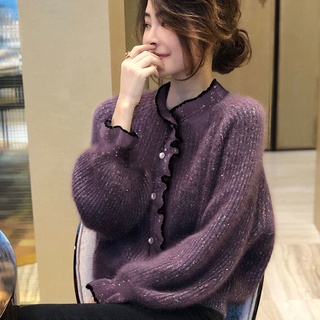 hello！大小姐 女裝上衣外套紫色加厚毛衣開衫外套女寬松慵懶風洋氣歐貨潮秋冬新款歐洲站日韓上衣