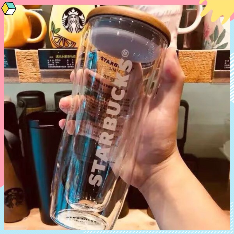 特惠現貨🚀🚀✨星巴克Starbucks玻璃杯 2020 經典女神logo原木蓋子雙層玻璃杯子 咖啡杯 喝水杯 隨行杯