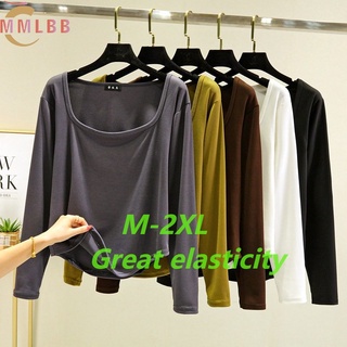 Ready Stock 女士 T 恤素色秋季寬鬆襯衫不規則長袖 T 恤休閒襯衫短款彈力羅紋棉上衣