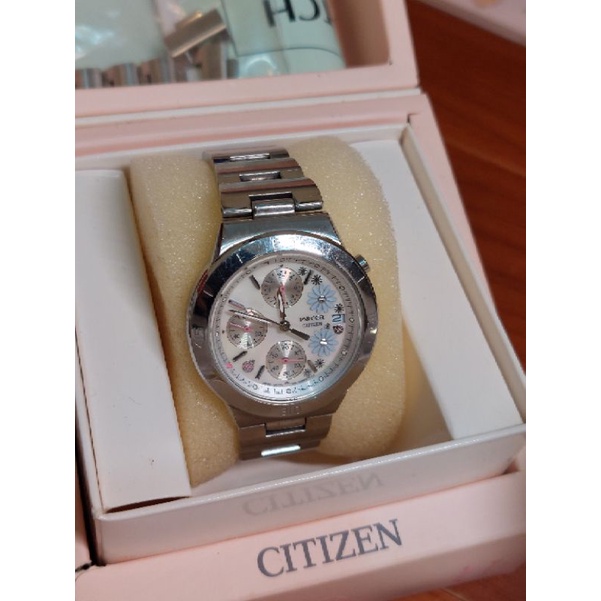 星辰citizen三眼手錶雛菊瓢蟲款二手附盒子購入證明，不鏽鋼錶鏈