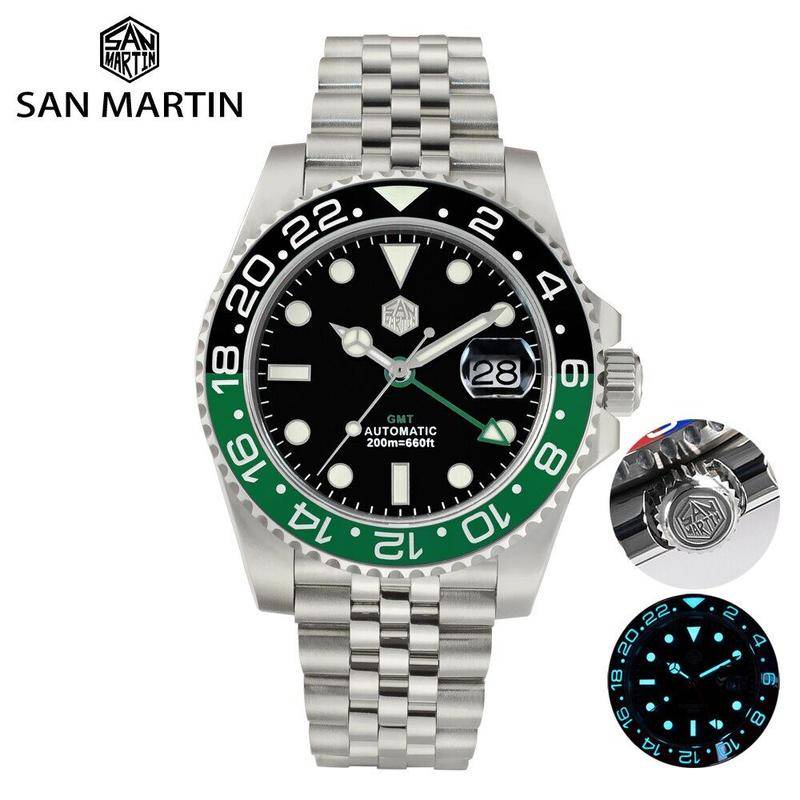 聖馬丁 SN015-G-GMT V2 GMT 豪華男士手錶禧年手鍊雙向陶瓷表圈藍寶石獨眼巨人防水 20Bar BGW-9