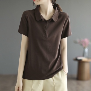 M-4XL 素色短袖Polo衫 大尺碼寬鬆T恤 輕熟風復古休閒上衣女