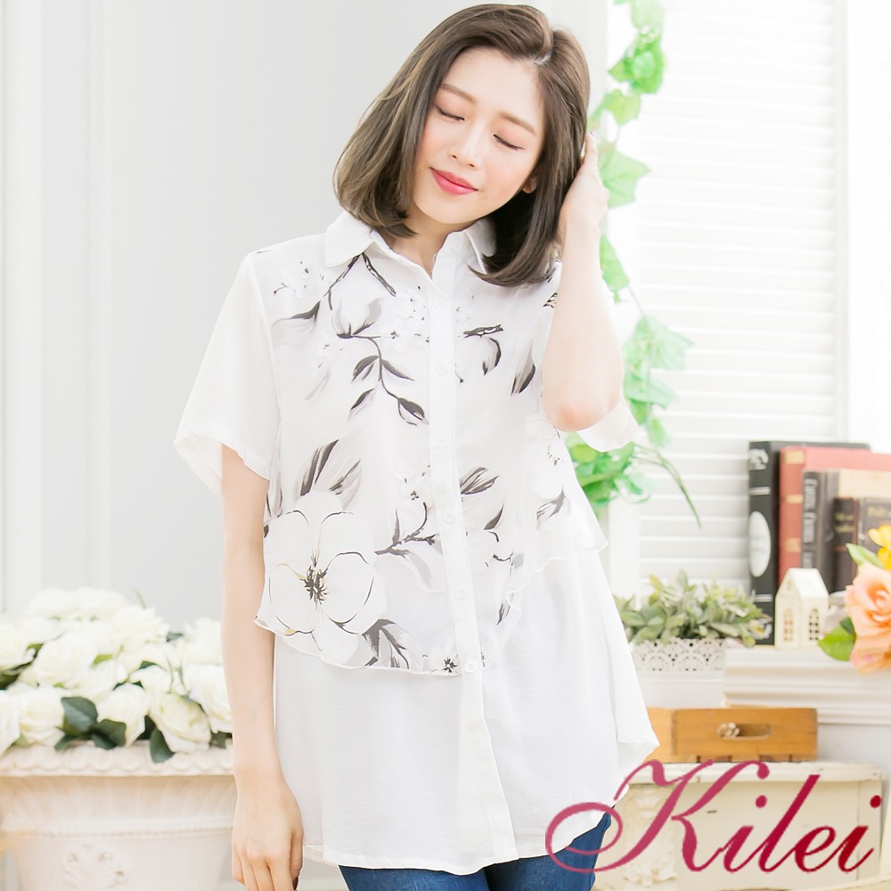 【Kilei】印花紗拼接麻紗長版襯衫上衣XA3443-02(氣質黑)大尺碼