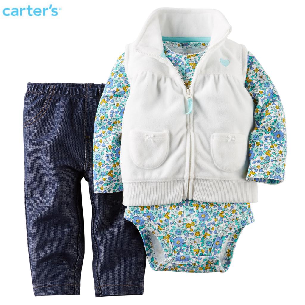 美國Carter's正品 女寶寶白色刷毛背心＋碎花長袖包屁衣＋長褲三件組6M-24M