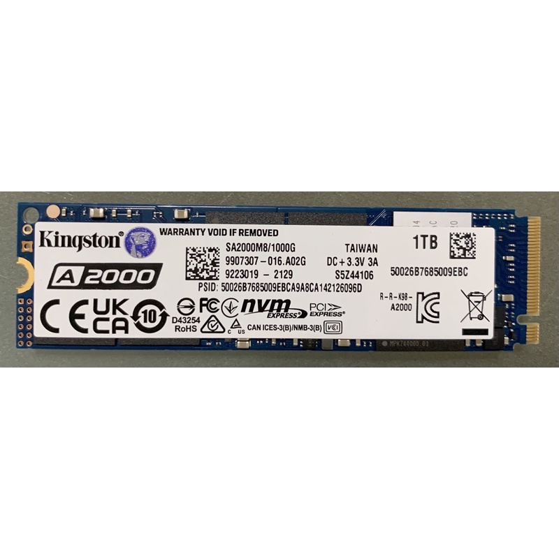 Kingston 金士頓A2000 1TB M.2 PCIe Gen3 SSD 9.9成新【原廠5年保固中】台南可面交