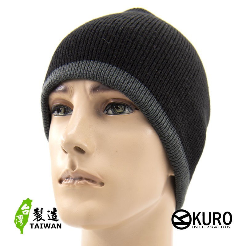 KURO-SHOP黑色灰邊保暖內裡針織帽 扁帽
