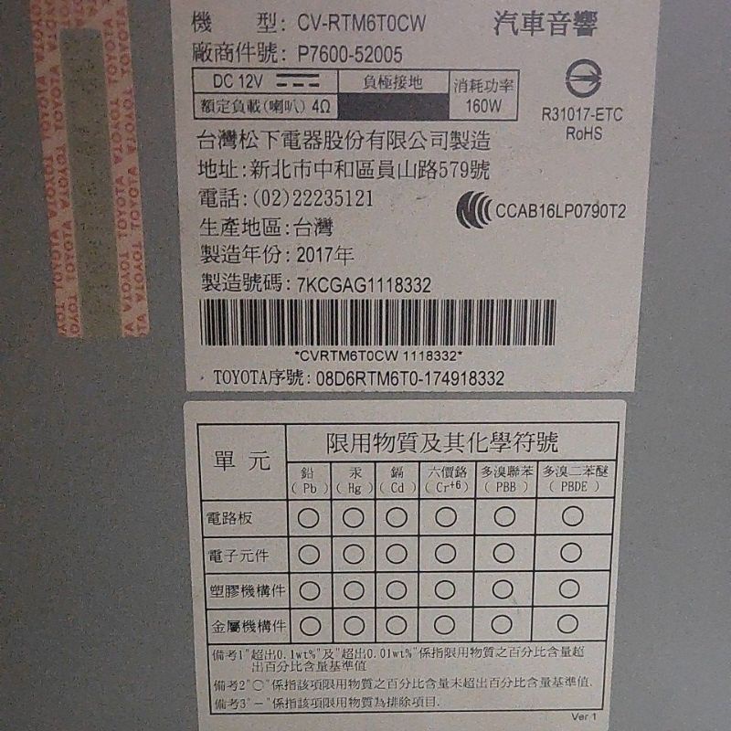 TOYOTA SIENTA 2017年製 原廠7吋液晶音響主機 CV-RTM6T0CW 藍芽主機