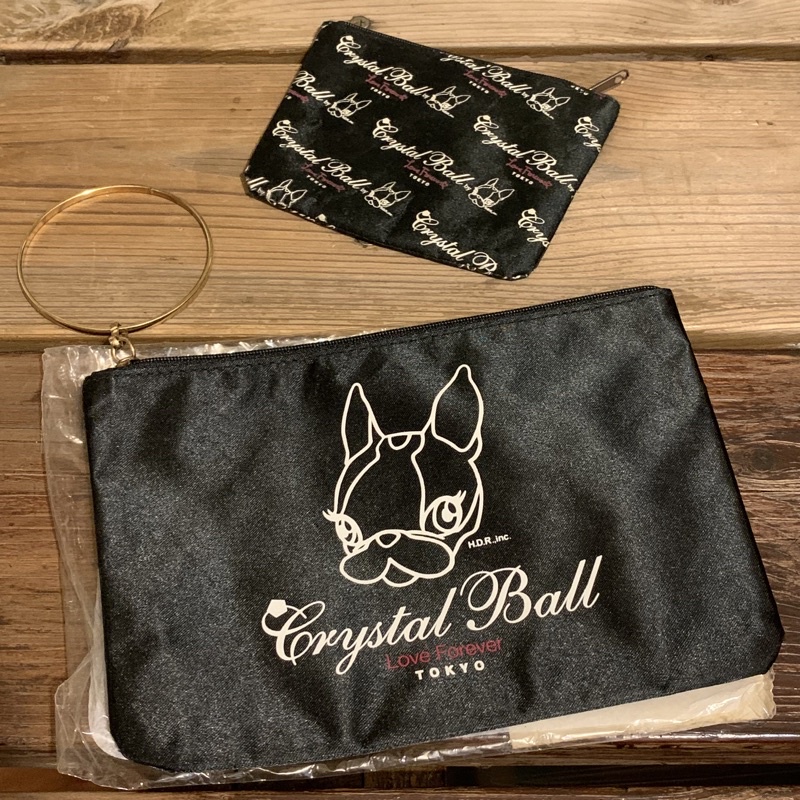 Crystal Ball狗頭包 黑色緞面印花化妝包手拿包子母包零錢包👛全家超商伯朗咖啡加價購