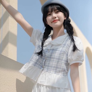 假兩件格子拼接襯衫女2022夏季新款日系學院風撞色短袖娃娃領襯衣