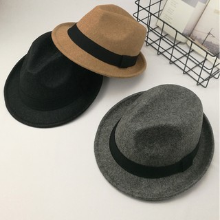 現貨-韓版百搭黑色小捲邊毛呢紳士帽禮帽潮男女英倫復古爵士帽子秋冬休閒毛氈帽男士帽子遮陽帽