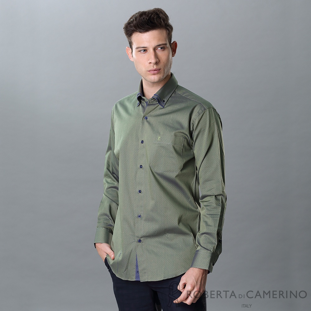 ROBERTA諾貝達 進口素材 台灣製 合身版 純棉商務型男點點長袖襯衫 RDG19-45 綠色
