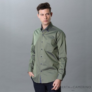 ROBERTA諾貝達 進口素材 台灣製 合身版 純棉商務型男點點長袖襯衫 RDG19-45 綠色