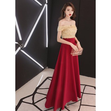 租借婚紗晚禮服晚宴禮服一字領高貴優雅紅色晚禮服