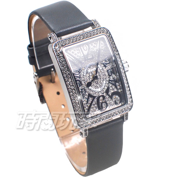 香港古歐 GUOU G8201銀灰 閃耀時尚腕錶 滿鑽數字錶 長方型 真皮皮革錶帶 銀x灰【時間玩家】