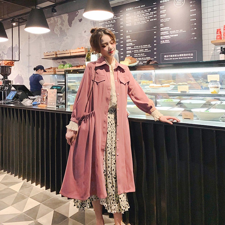 外套 小個子風衣女中長款2019春秋裝新款學生韓版流行過膝粉色薄外套