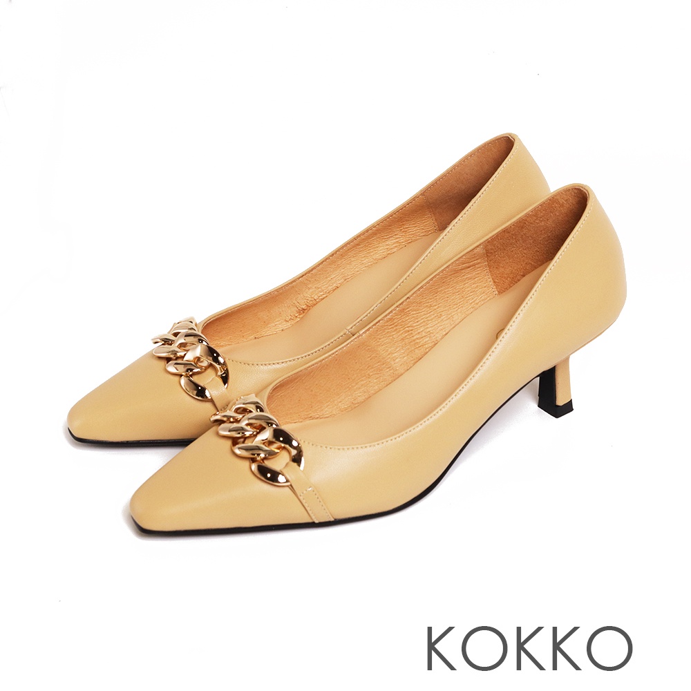 KOKKO手感綿羊皮精品鎖鏈方頭細跟鞋黃色