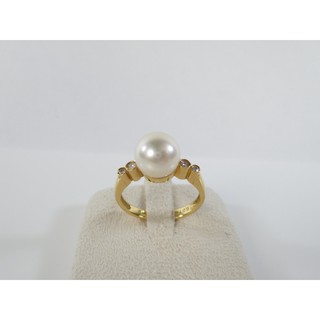[卡貝拉精品交流] 天然珍珠戒指 8.3mm 天然鑽石 黃k金 白珍珠 女戒 造型戒 生日禮物 公關送禮