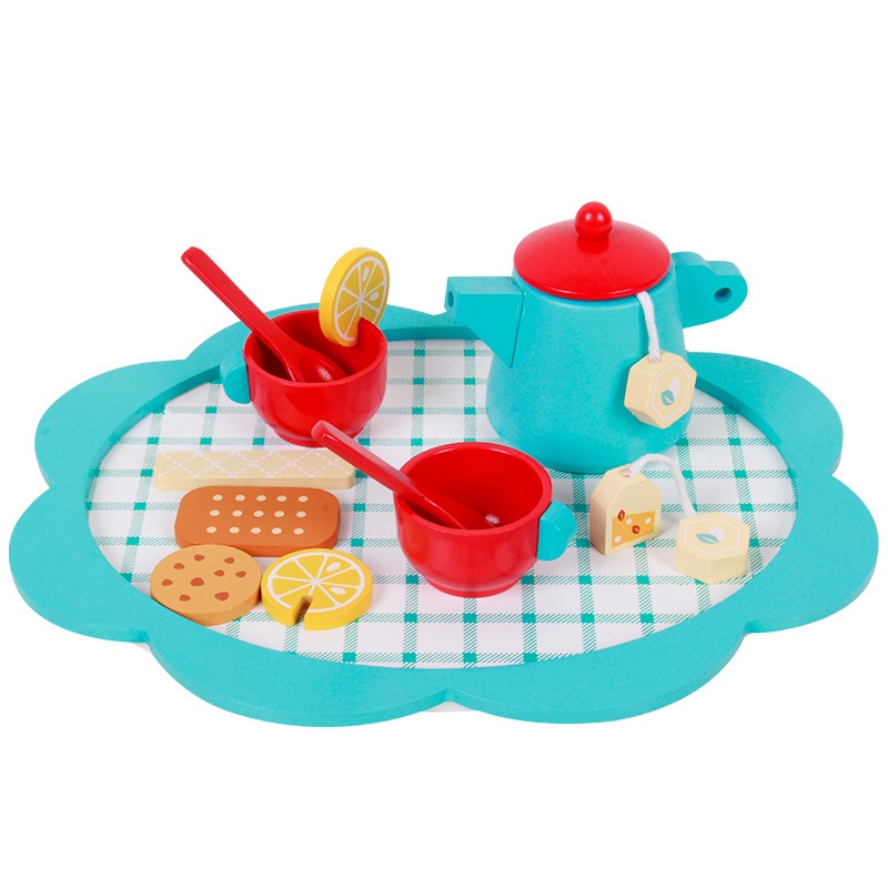 木製兒童仿真玩具 過家家藍色粉色下午茶玩具 食物認知積木 泡茶餐具玩具