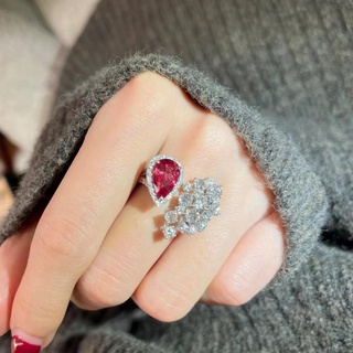 Bling 珠光寶氣戒指女開口ins高階感輕奢小眾設計鑲嵌鋯石鴿血紅食指環