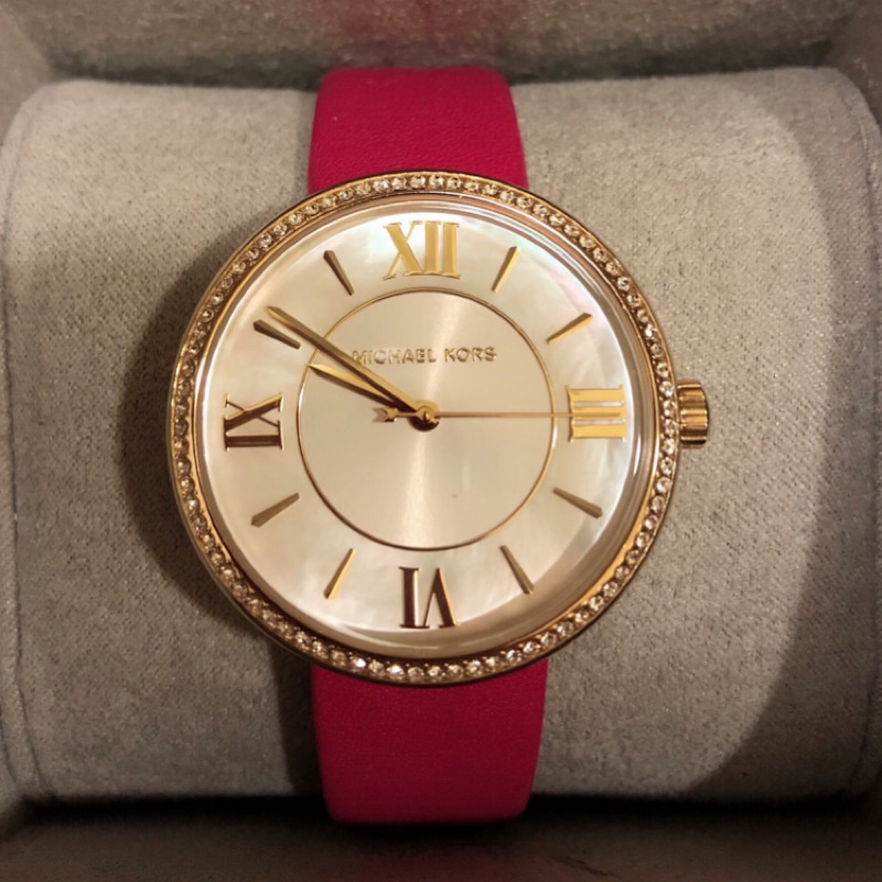 Michael Kors MK2684 真品稀有錶款 粉紅色皮錶帶 鑽石 貝殼錶面 日本購入 金色指針