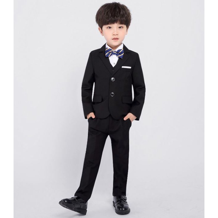 【俏寶貝童裝~新竹實體店面】男童黑色西裝外套+背心+西褲+領結 (四件式套裝) 花童禮服 兒童西裝西服 拍照寫真造型服