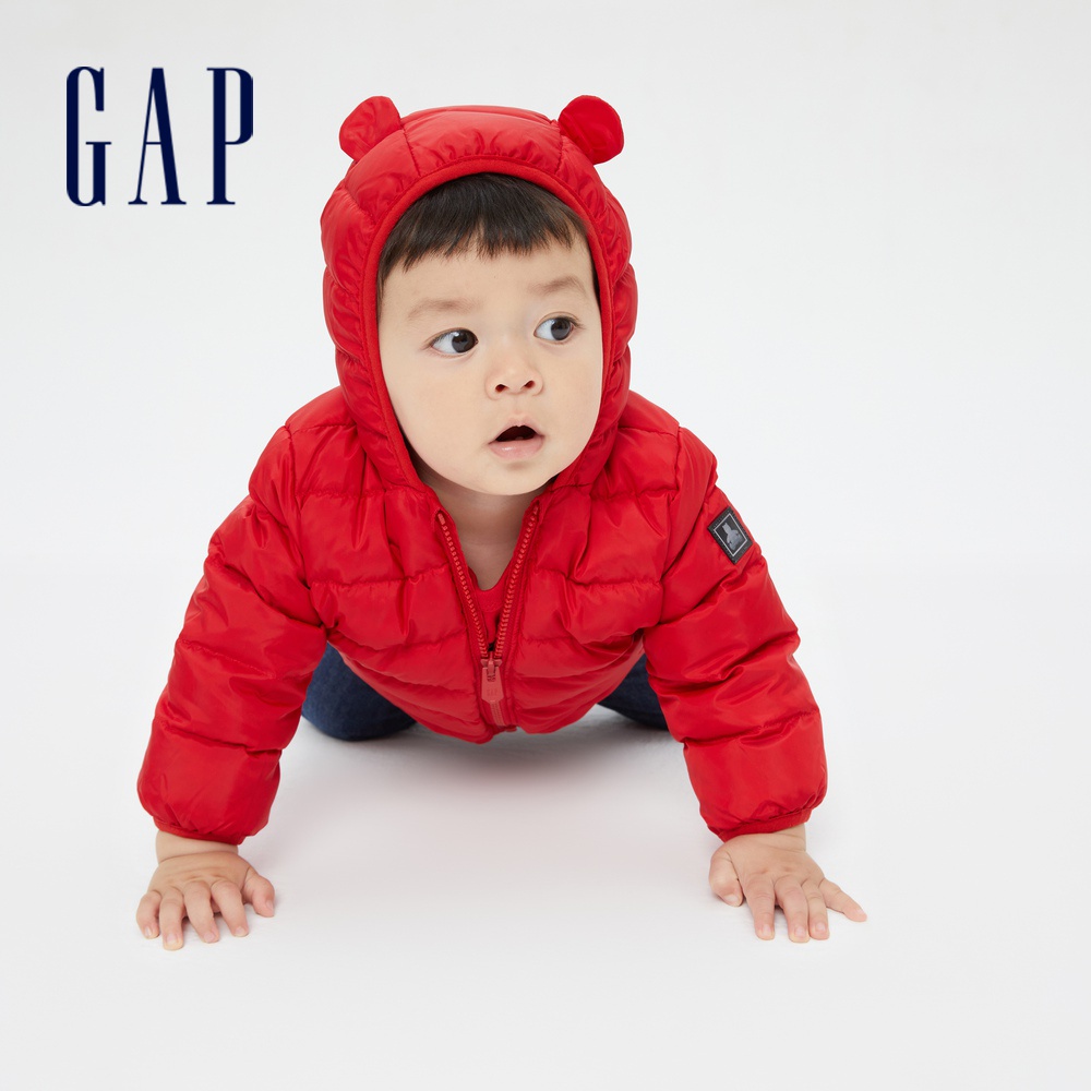 Gap 嬰兒裝 可愛熊耳刷毛連帽羽絨外套 布萊納系列-紅色(703923)