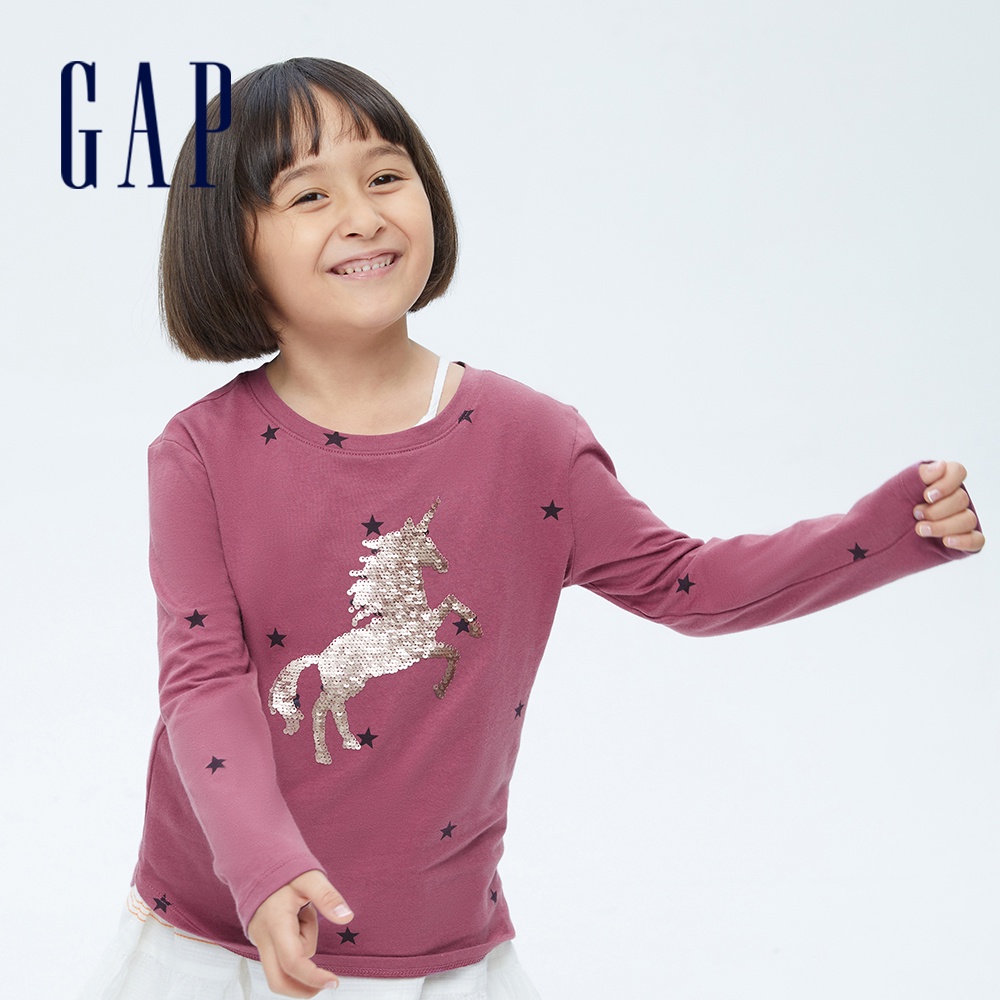 Gap 女童裝 雙面亮片印花長袖T恤-玫粉色(731046)