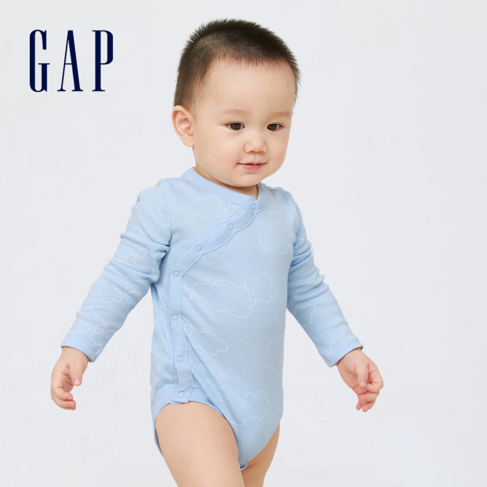 Gap 嬰兒裝 純棉印花斜長袖包屁衣 布萊納系列-天藍色(455839)