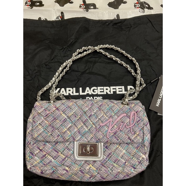 KARL LAGERFELD卡爾 專櫃款紫粉色拼接毛呢格紋旋釦鍊帶肩背/斜背兩用包