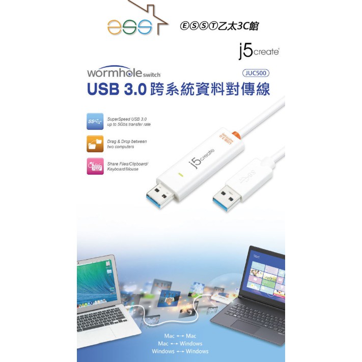 ⒺⓈⓈⓉ乙太3C館-現貨 j5create JUC500 USB 3.0 跨系統資料對傳線 ⌛台灣公司貨