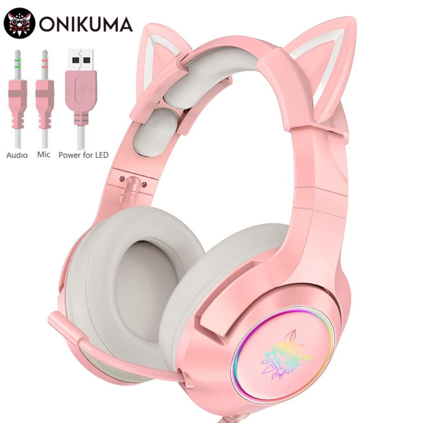 Onikuma K9 粉色耳機可愛貓耳低音遊戲耳機環繞 PC RGB 耳機帶麥克風適用於手機 PS4 筆記本電腦