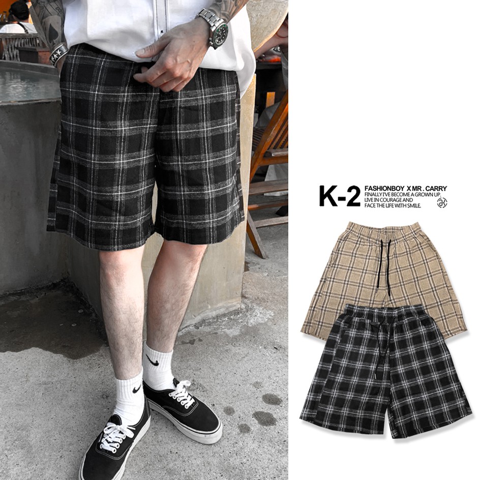 【K-2】日式 格紋短褲 格子短褲 街頭 穿搭 網紅 格紋褲 透氣 休閒 棉麻 短褲【KD13】