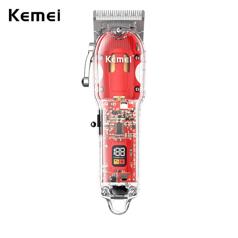 KEMEI 科美充電式剪髮機理髮店褪色理髮器 10W 無線修剪器紅色透明蓋