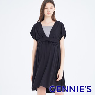 【Gennies 奇妮】大V領哺乳孕婦洋裝-黑(T1H12)