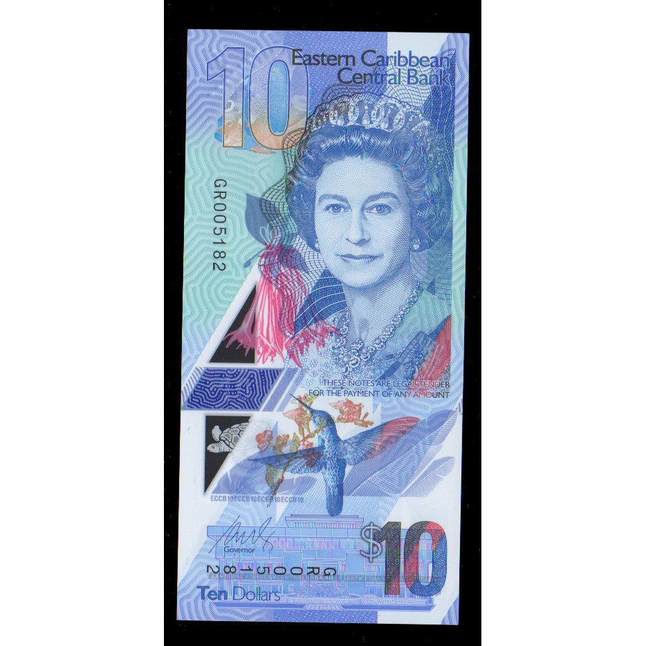 【低價外鈔】東加勒比 加勒比海 2019年10Dollars 塑膠鈔一枚 英國女王 伊莉莎白二世肖像 漂亮絕版~