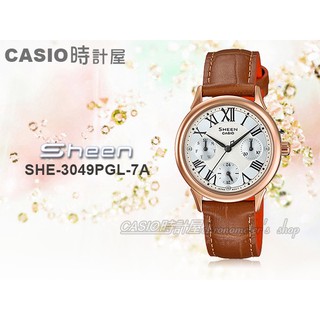CASIO 時計屋 手錶 SHEEN SHE-3049PGL-7A 女錶 皮革 三眼 羅馬數字 SHE-3049PGL