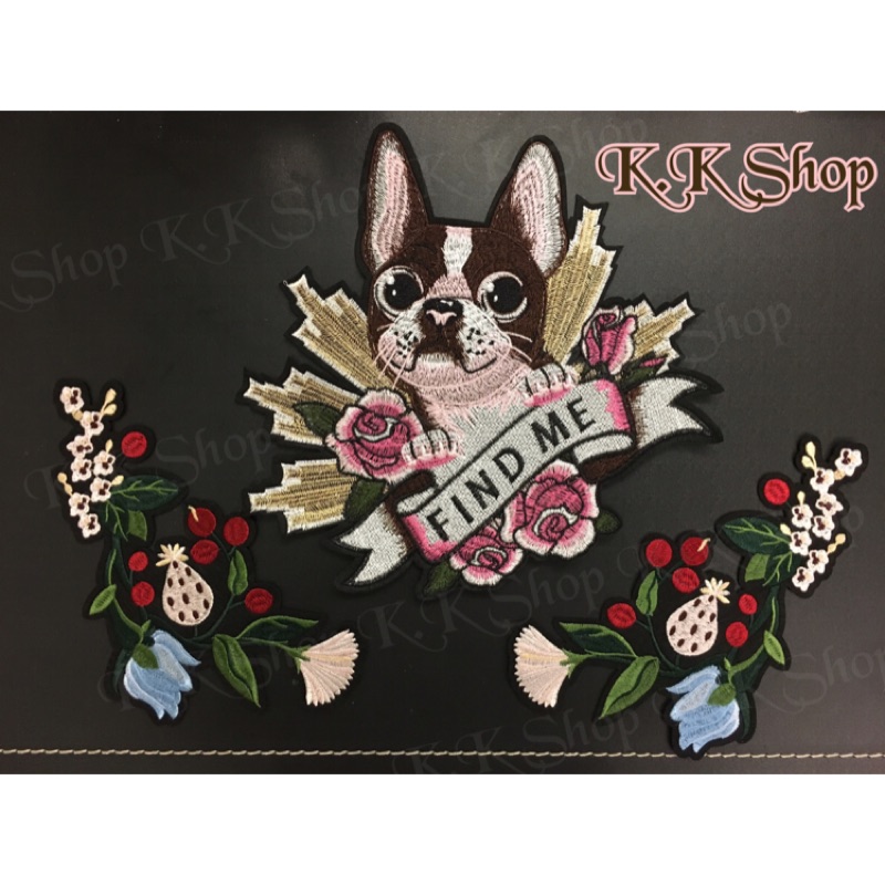 K.K SHOP 動物對花系列 優質刺繡對花狗兒燙花背膠刺繡 DIY布貼 手工藝 徽章 玫瑰吉娃娃 手作