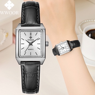 Wwoor 奢侈品牌矩形手鐘黑色皮革女士石英手鍊手錶女士時尚小手錶 reloj mujer-8850