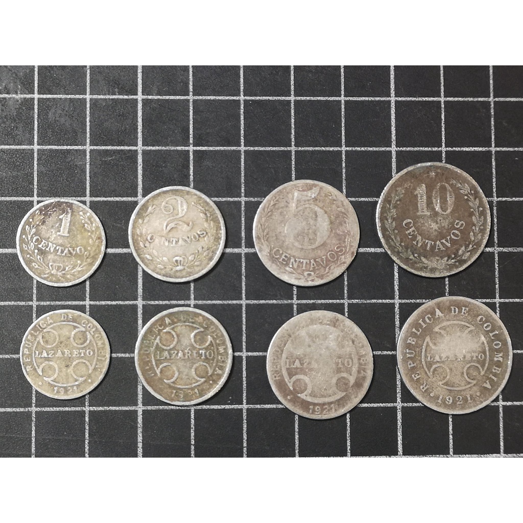 【錢幣】哥倫比亞1921年漢生病隔離區專用貨幣，一組四枚，平均品相普F