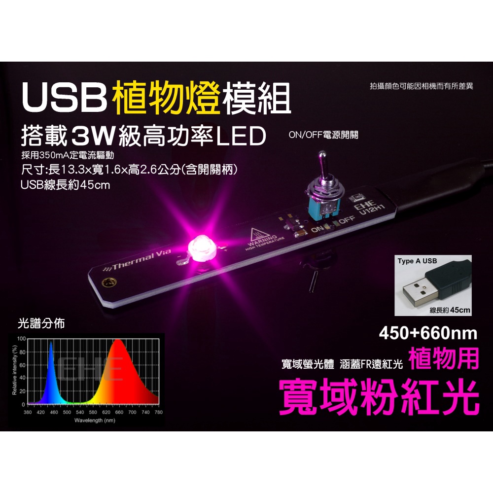 EHE】USB帶線大功率LED寬域粉紅光植物燈模組450+660nm【台灣製】附贈AC變壓器。適室內盆栽