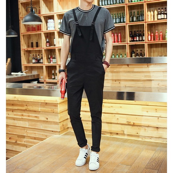 韓國 獨立品牌  FINDSENSE 百搭吊帶褲 男 窄管 西裝褲 吊帶  黑/ 藍兩色 熱賣款