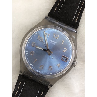 Swatch 藍黑皮錶帶休閒錶 編號W86