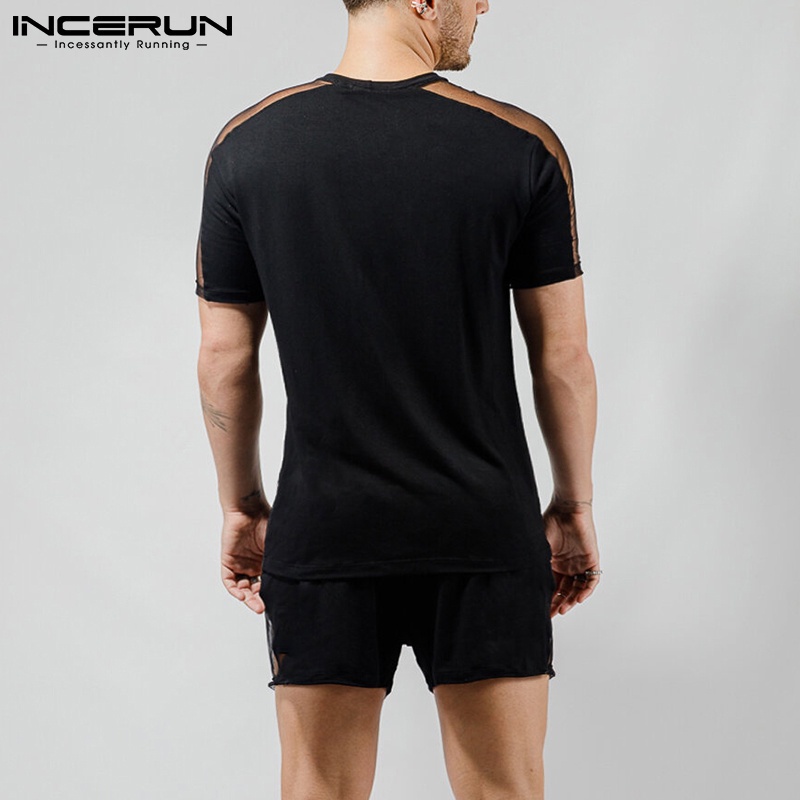 INCERUN男士夏季短袖上衣+短褲鏤空透視彈力兩件套