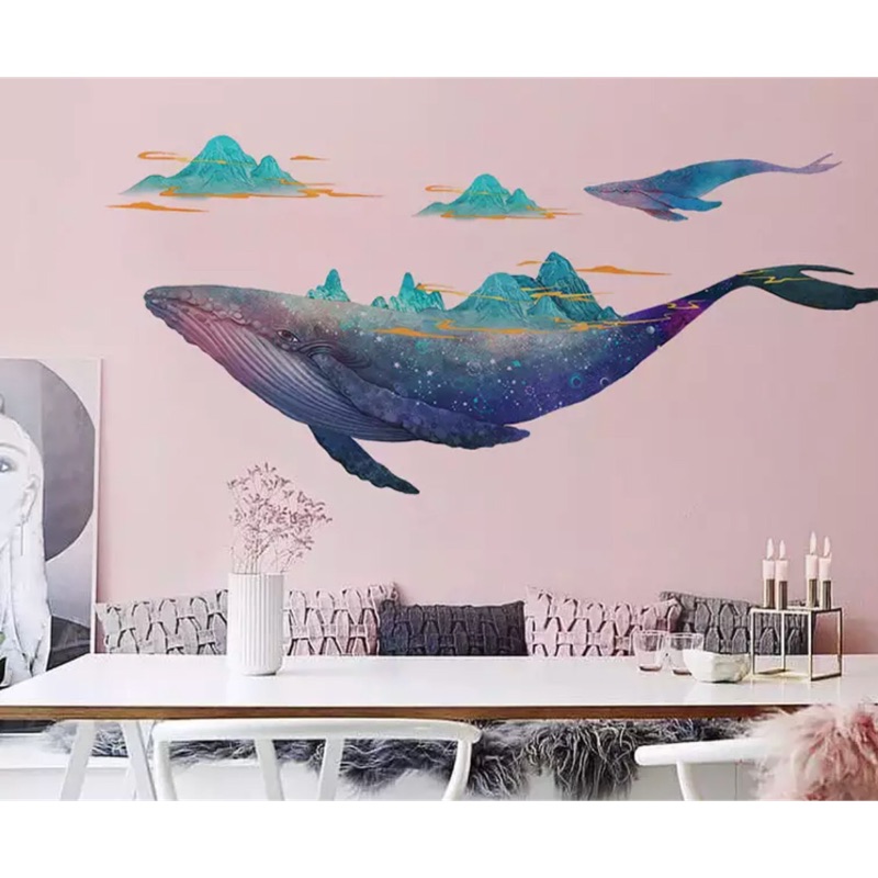 歐美風格創意鯨魚夢幻動物客廳餐桌臥室牆紙壁貼