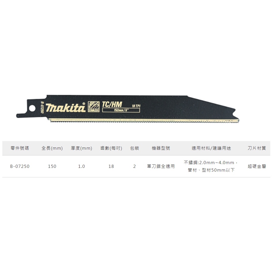 MAKITA 牧田 B-07250 軍刀鋸片6" 18T白鐵 (含稅)