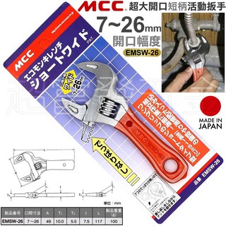 超富發五金 日本 MCC 超大開口 短柄 活動板手 7~26mm EMSW-26 MCC 強力型 活動板手 活動扳手